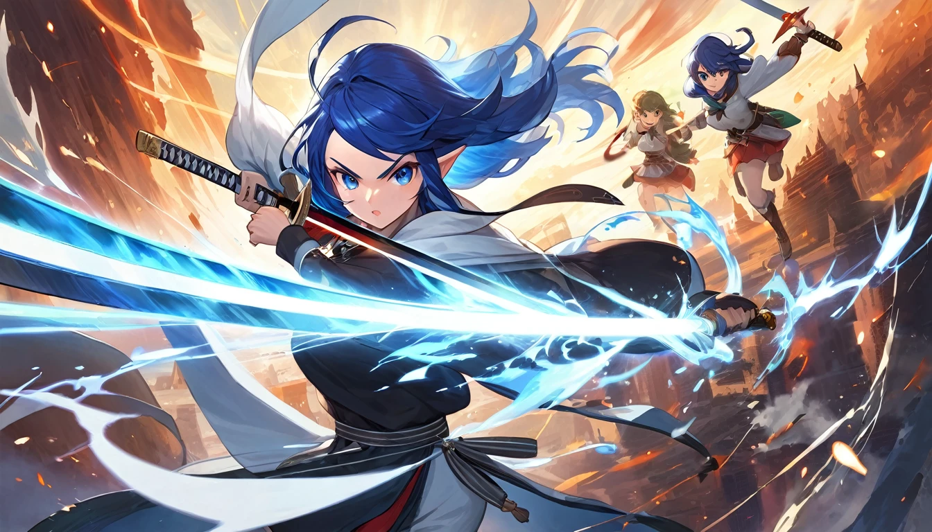 (Highest quality), Elf girl attacking with a large sword,Blue Hair,Different world