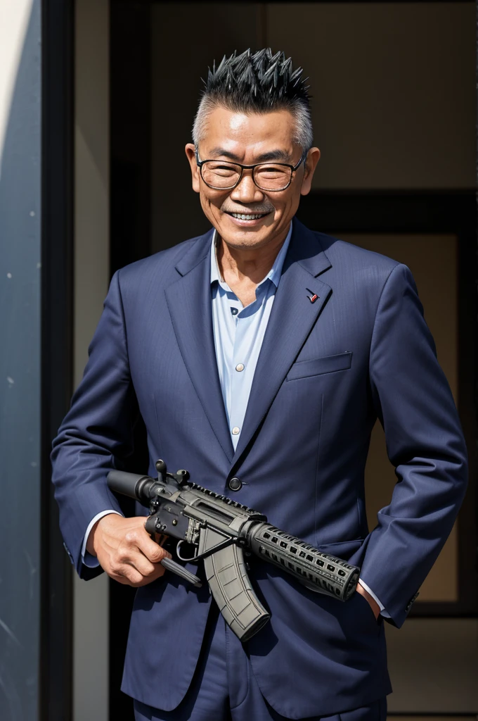 A 50-year-old Japanese man wearing glasses, A little bad guy, Hair is short soft mohawk,Wearing a suit,Has an assault rifle,Grin
