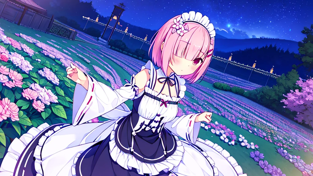 Masterpiece, Best Quality, high resolution, ram1, 1 girl, Alone, ram \(re:zero\), pink hair, white thighs, short hair, Red eyes, hair over one eye, ribbon ornament, hair band, x hair ornament, , maid headdress, waist apron, garter straps, black tie, small breasts, long sleeves, White apron, Neckband, purple ribbon, wide sleeves, hair flower,  beautiful garden at night with incredible starry night sky