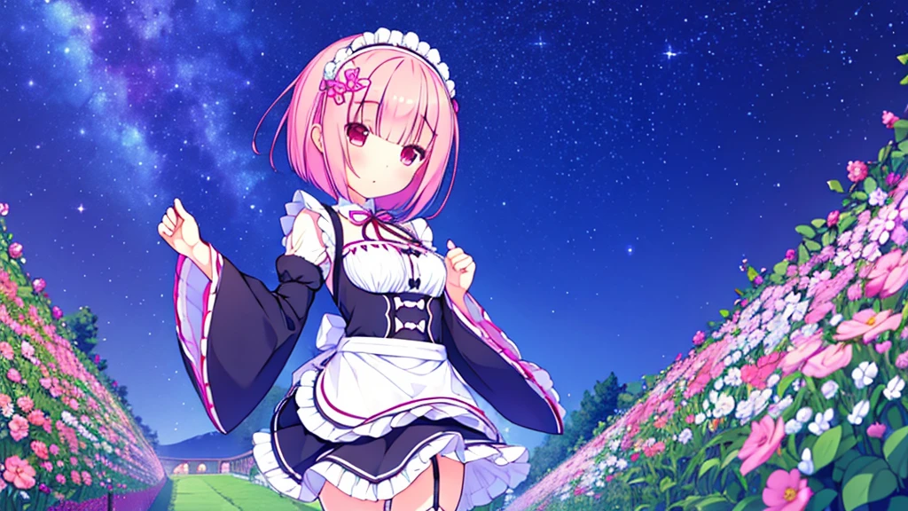 Masterpiece, Best Quality, high resolution, ram1, 1 girl, Alone, ram \(re:zero\), pink hair, white thighs, short hair, Red eyes, hair over one eye, ribbon ornament, hair band, x hair ornament, , maid headdress, waist apron, garter straps, black tie, small breasts, long sleeves, White apron, Neckband, purple ribbon, wide sleeves, hair flower, beautiful garden at night with incredible starry night sky