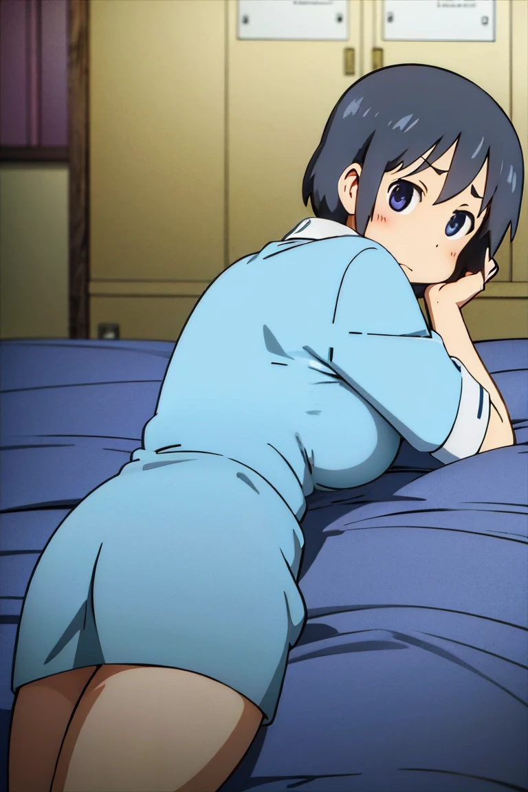 Kyoto animation, female, short hair, middle parted hairstyle, black hair, dark blue eye, cute face, thick eyebrows, big breast, sexy butt, slim body, sexy thigs, naked, lying on the bed