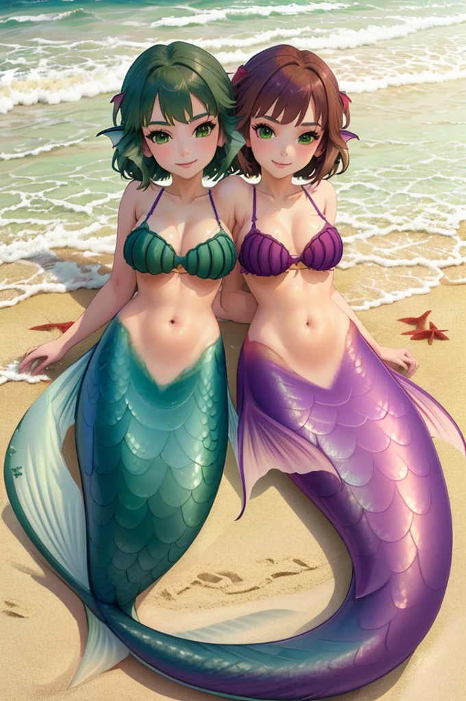masterpiece, best quality:1.2), 1girl, smile, looking at viewer, green eyes, short brown hair, short green hair, mermaid, mermaid girl, wearing purple seashell bra, laying on beach across the sand, colorful mermaid tail, outdoors, head fins, fin ears, under cherry blossoms, conjoined, (two heads: 1.5),
