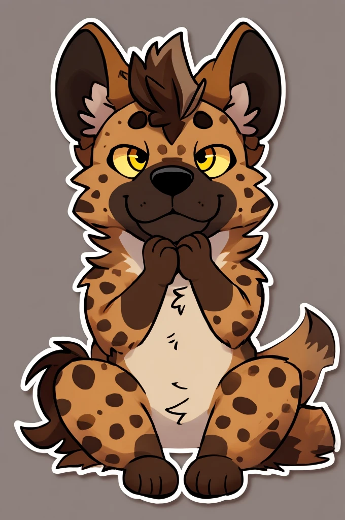 simple sticker art of a happy male hyena. yellow sclera, brown hair on head, half body, paws on cheeks