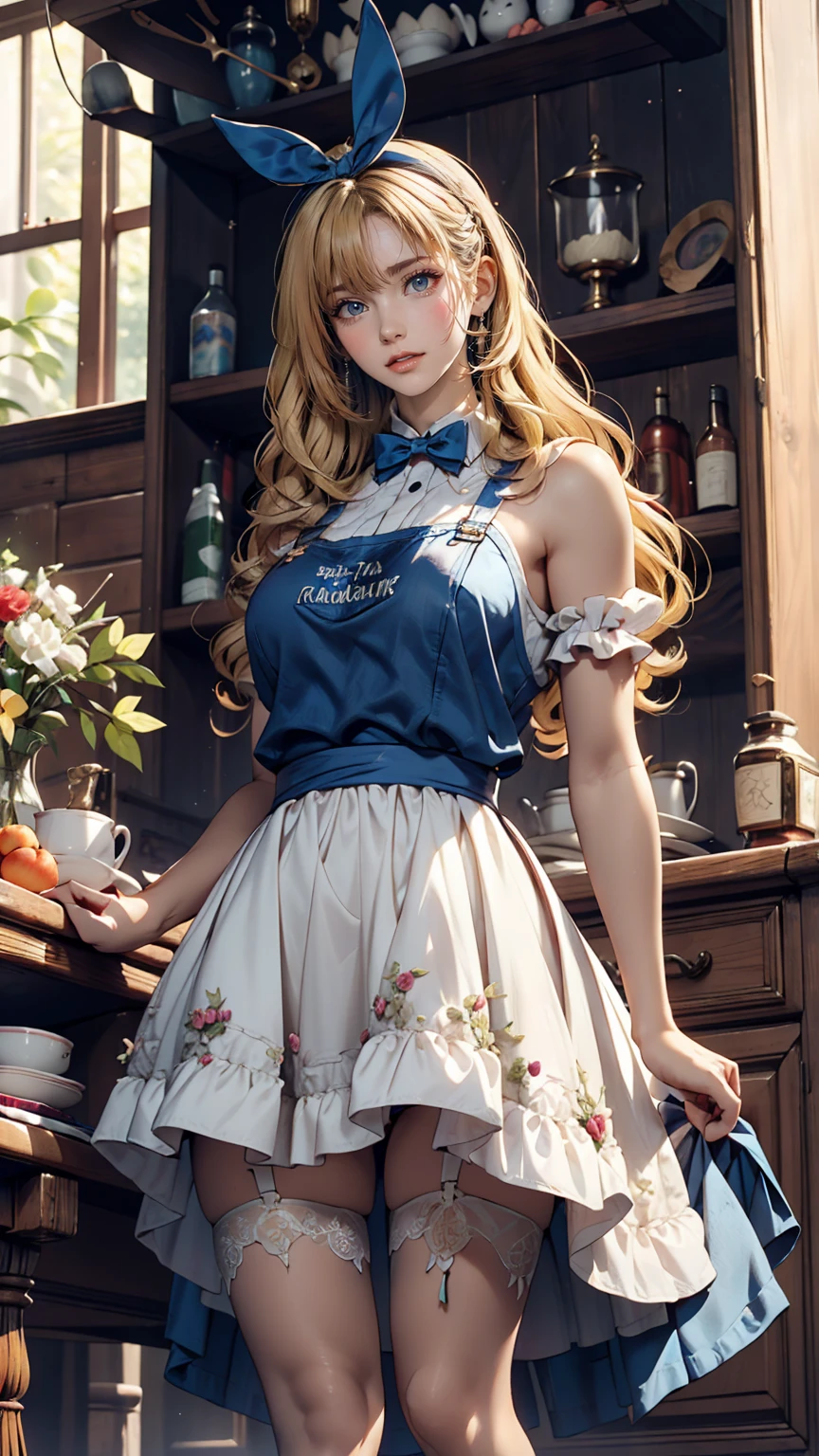 Alice in Wonderland、Wear a blue apron dress、Blonde、long hair、Hair becomes wavy、Put a big ribbon on your head、Chasing a tuxedo-wearing rabbit on two legs