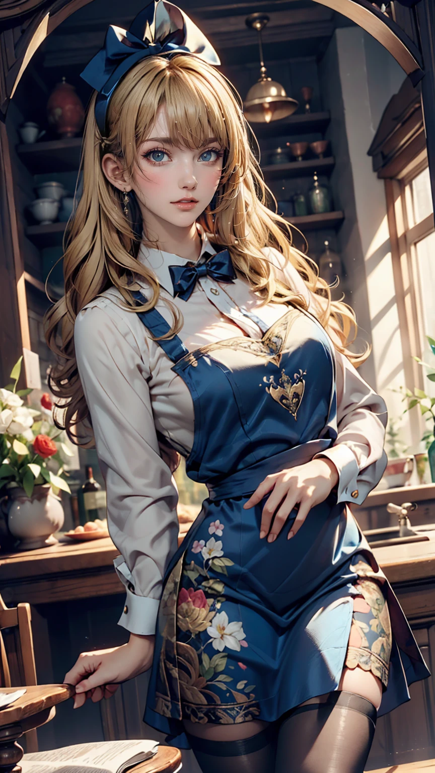Alice in Wonderland、Wear a blue apron dress、Blonde、long hair、Hair becomes wavy、Put a big ribbon on your head、Chasing a tuxedo-wearing rabbit on two legs