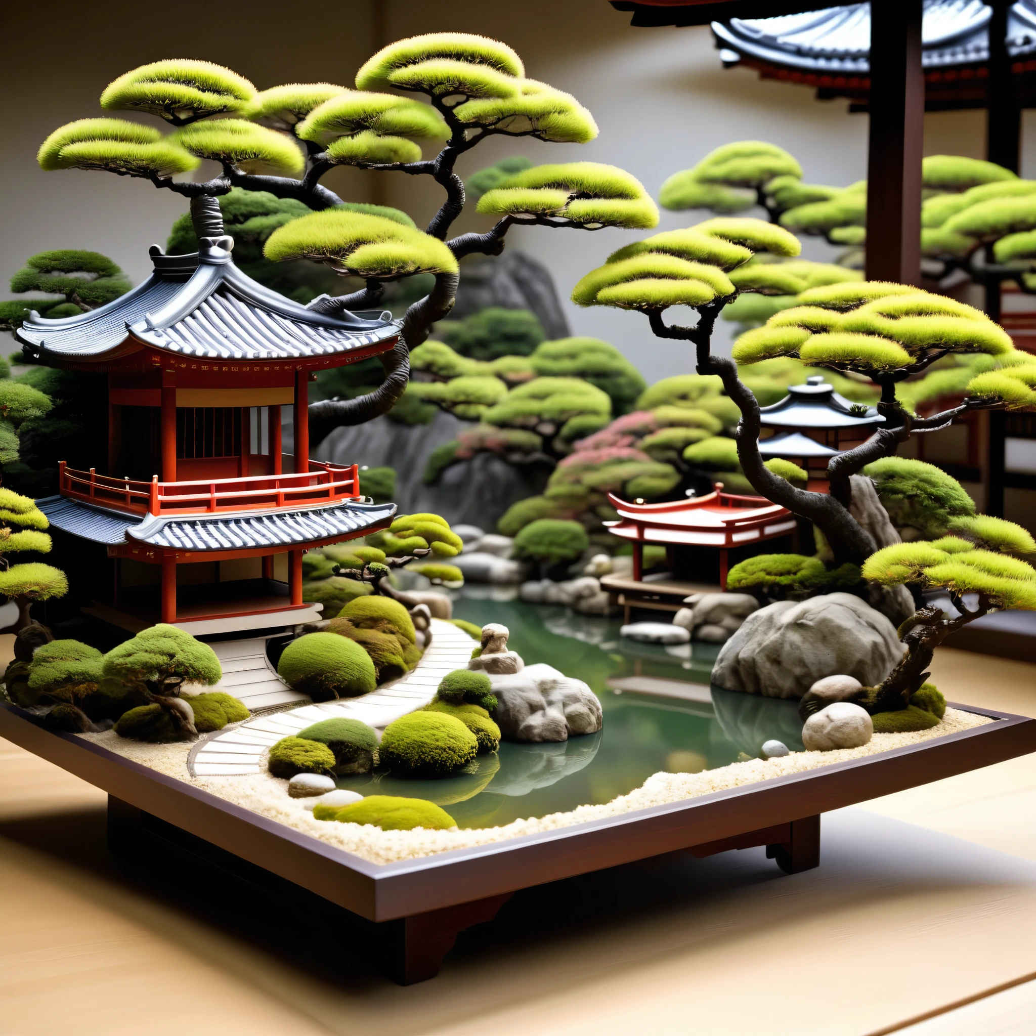 Diorama of japanese garden, on square stand, surreal, high resolution, beautiful, highest quality, masterpiece, highly detailed 