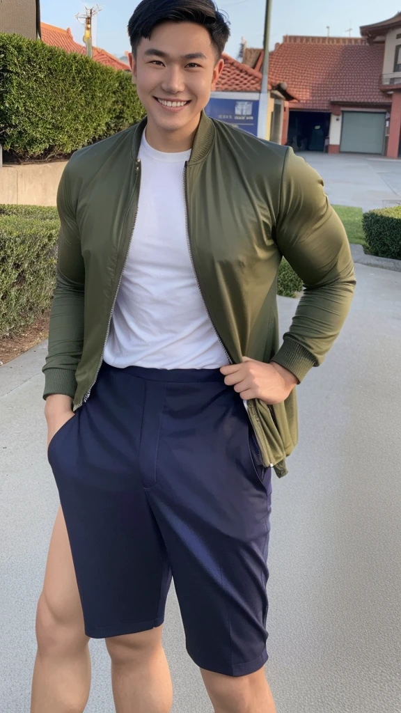 Masterpiece, best quality best, 1 young man, Asian man, East Asian people, one person, The muscles are in good proportion., Posing obscenely, short hair details,smile, white teeth, jacket set, road background, Realistic style,photography,Can be seen from the front, see viewers