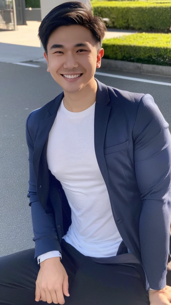 Masterpiece, best quality best, ung man, Asian man, East Asian people, one person, The muscles are in good proportion., Posing obscenely, short hair details,smile, white teeth, jacket set, road background, Realistic style,photography,Can be seen from the front, see viewers
