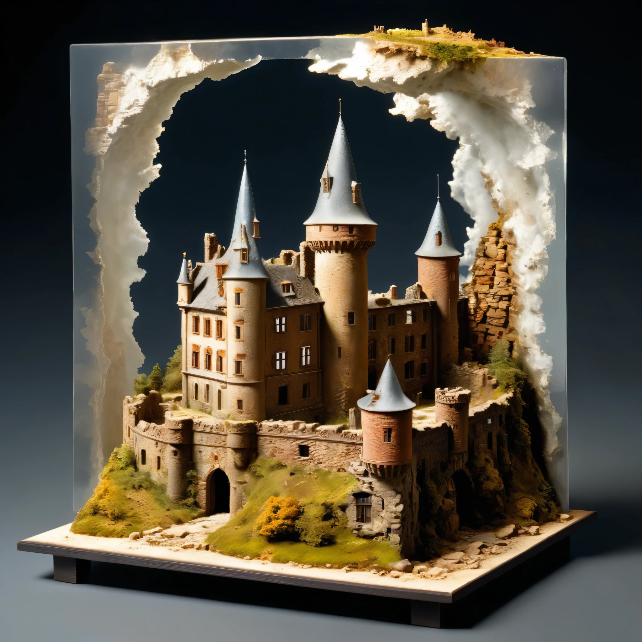 small diorama of ruin of deutch castle, on square stand, surreal, high resolution, beautiful, highest quality, masterpiece, highly detailed 