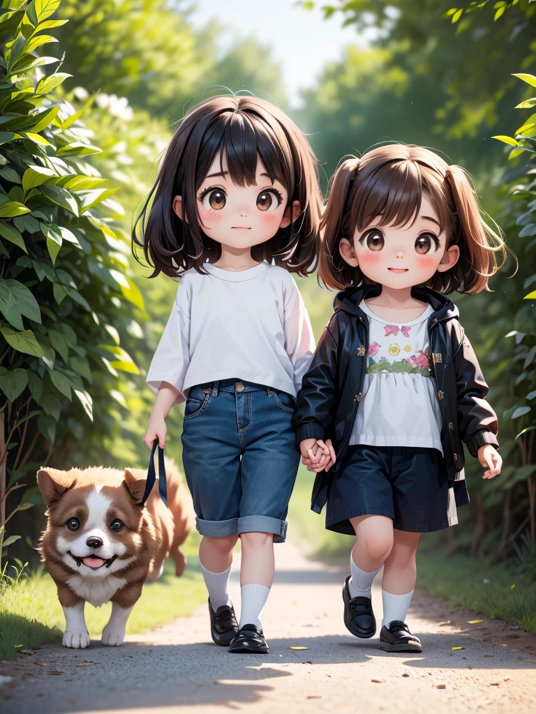 Two Girls、Sisters、Walk hand in hand、Walk alongside the dog、Giant dog、Bushy-haired dog、Dogs bigger than girls、A friendly dog with white fur、