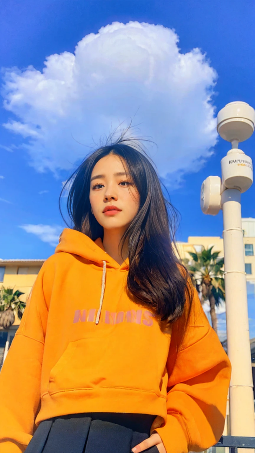1 girl, wear ((orange oversized hoodie)), wear ((purple tennis skirt)),looking front,Best Quality,Masterpiece,Ultra High Resolution,(Realisticity:1.4),Original Photo, 1Girl, light leak,ultra high resolution,UHD,beautiful, black bob hair, almond eye, no makeup, in front of (80's mondrian architecture motel), (from below:1.3), (realistic:1.2), (surreal:1.3), (very detailed:1.1), ((masterpiece)),summer, blue sky, palm trees,sunny, los angles vibes