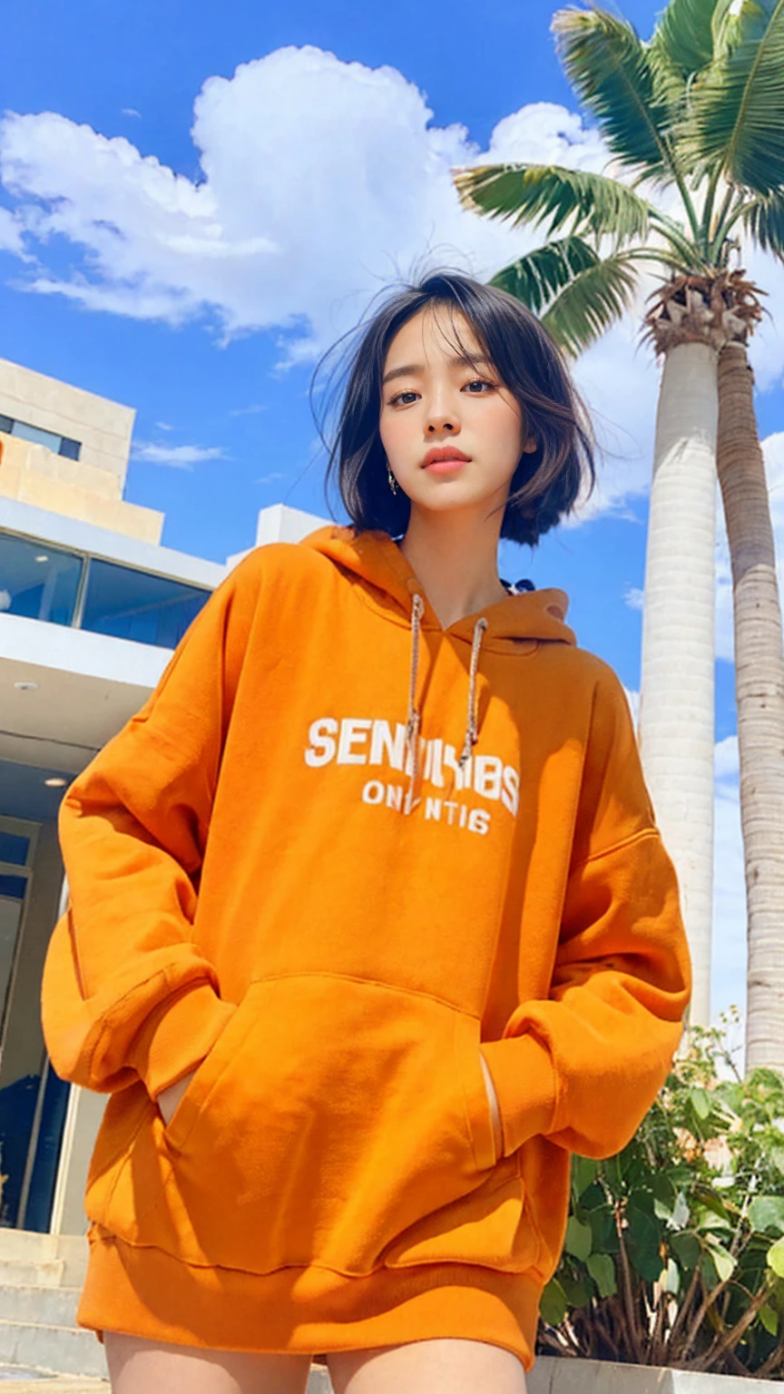 1 girl, wear ((orange oversized hoodie)), wear ((purple tennis skirt)),looking front,Best Quality,Masterpiece,Ultra High Resolution,(Realisticity:1.4),Original Photo, 1Girl, light leak,ultra high resolution,UHD,beautiful, black bob hair, almond eye, no makeup, in front of (80's mondrian architecture motel), (from below:1.3), (realistic:1.2), (surreal:1.3), (very detailed:1.1), ((masterpiece)),summer, blue sky, palm trees,sunny, los angles vibes