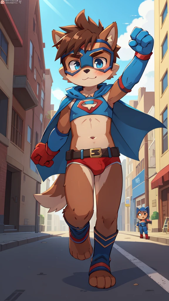 score_9,score_8_up,score_7_up, source_cartoon, source_furry, dog boy, blue eyes, dog tail, brown hair, mohawk hairstyle, shota, furry, blush, looking at viewer, :3, 1boy, dog ears, short spiky hair, furry male, two tone body fur, brown body fur, clear brown body fur, ((superhero mask, blue cape, blue gloves, belt with S insignia, blue panties)), street, clear sky, short body, tiny body, full body, feets with three toes, 3 toes,
