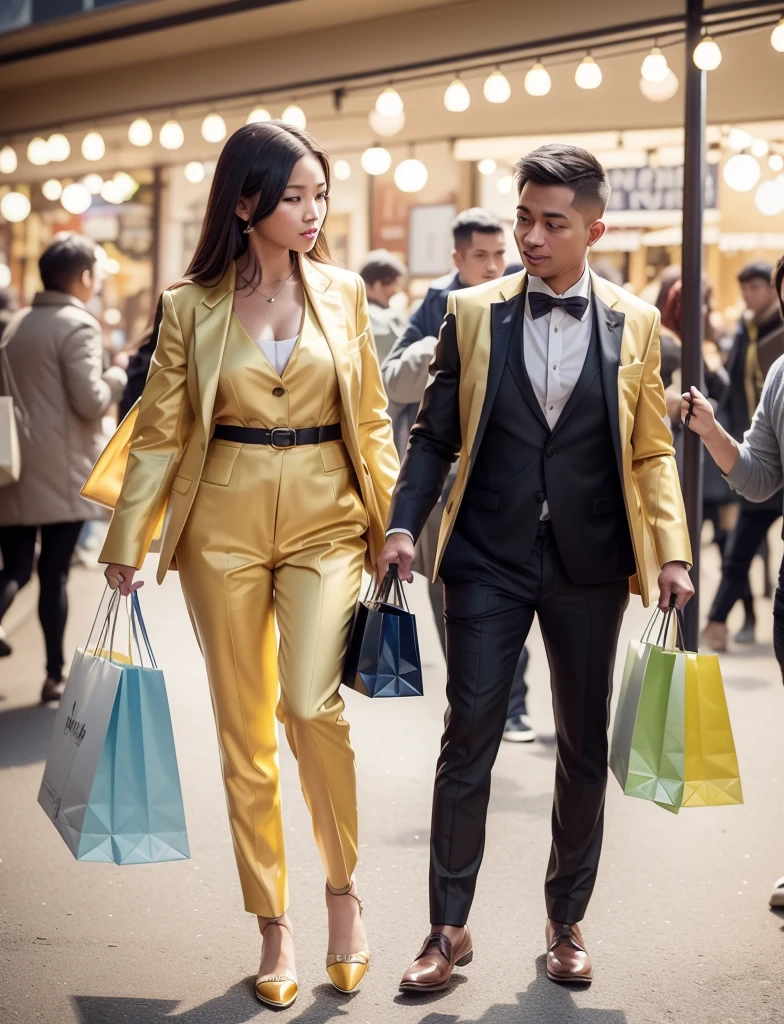 a wolf with human female body fully covered,shopping at long outdoor animal market,night:1.4,ancient shop theme:1.4,(realistic lighting effects:1.4,raw photo,wear loose bright yellow formal suit,masterpiece:1.2, best quality:1.4,photorealistic:1.4