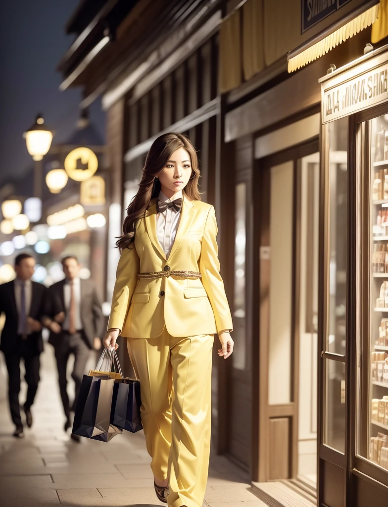 a wolf with human female body fully covered,shopping at long outdoor animal market,night:1.4,ancient shop theme:1.4,(realistic lighting effects:1.4,raw photo,wear loose bright yellow formal suit,masterpiece:1.2, best quality:1.4,photorealistic:1.4