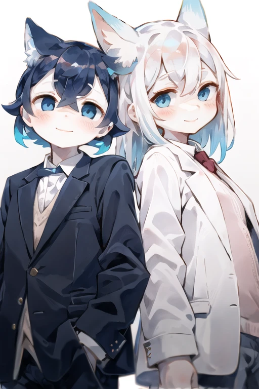 eyelashes, Eyeliner, (eye focus, face, close-up:0.5), blush, (smile:0.8), 2 girls, Back to back, bang, White background, Dutch corner, side, head tilt, It has,a gift , (suit, cosplay, light blue,blue), (gradient:1.3), , ,angle, from below