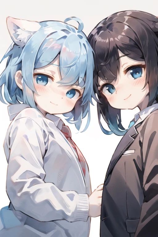 eyelashes, Eyeliner, (eye focus, face, close-up:0.5), blush, (smile:0.8), 2 girls, Back to back, bang, White background, Dutch corner, side, head tilt, It has,a gift , (suit, cosplay, light blue,blue), (gradient:1.3), , ,angle, from below
