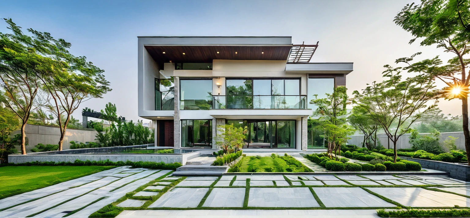 qlcd,tingyuan, photo of modern villa, grassland, garden, shrubs and trees, rock decoration, clear sky, sun light, realistic photo