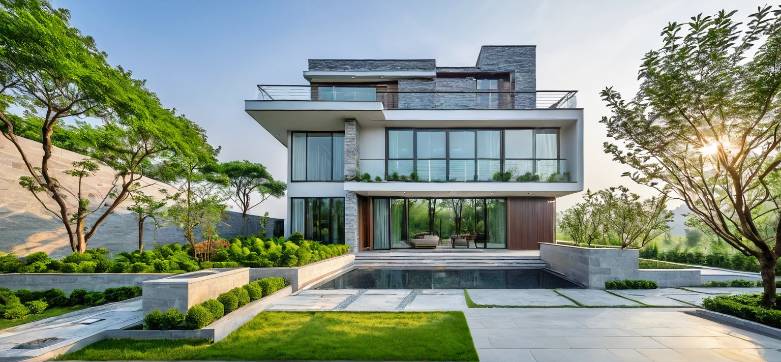 qlcd,tingyuan, photo of modern villa, grassland, garden, shrubs and trees, rock decoration, clear sky, sun light, realistic photo