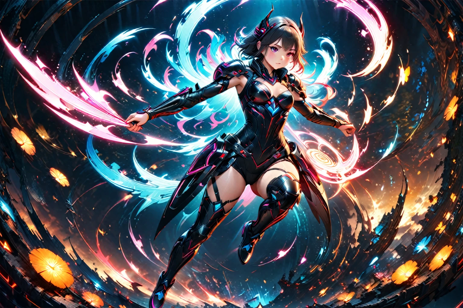 (anime character pulling a sci-fi bow with the hands), the girl floating in the sky, 2.5d cgi anime fantasy artwork, extremely detailed art, detailed digital fantasy art, 8k high quality detailed digital art, ((full body)), the legs are seen wearing full black armor, dark background with neon lights, this beautiful girl is a professional archer.