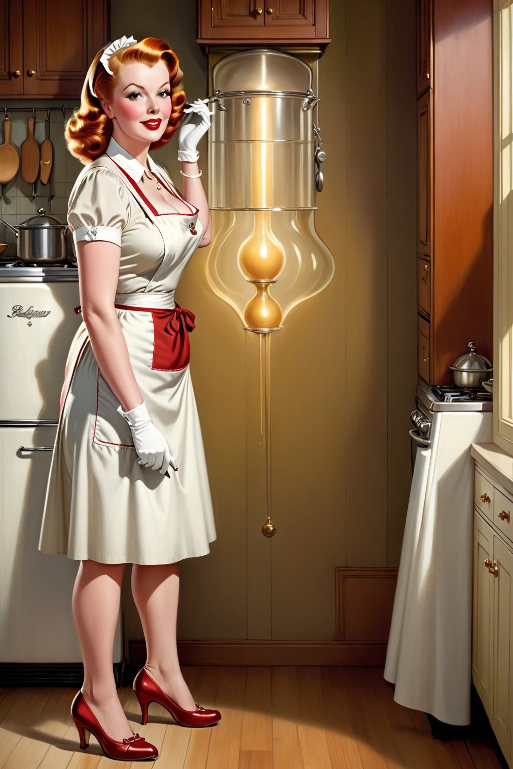 Full-length view, the busty Arlene Dahl, depicted as a buxom, curvy, plump mature lady with a pronounced hourglass figure, dressed in a housewife's attire with white strap apron stands on high heels in a kitchen preparing food, coloured drawing, inspired by the illustrations of Punch magazine around 1900, with influences of Victorian fashion and a style reminiscent of Gil Elvgren and Art Frahm, with intricate fashion details, incorporating the golden ratio, with dramatic lighting, ultra-fine, digital painting