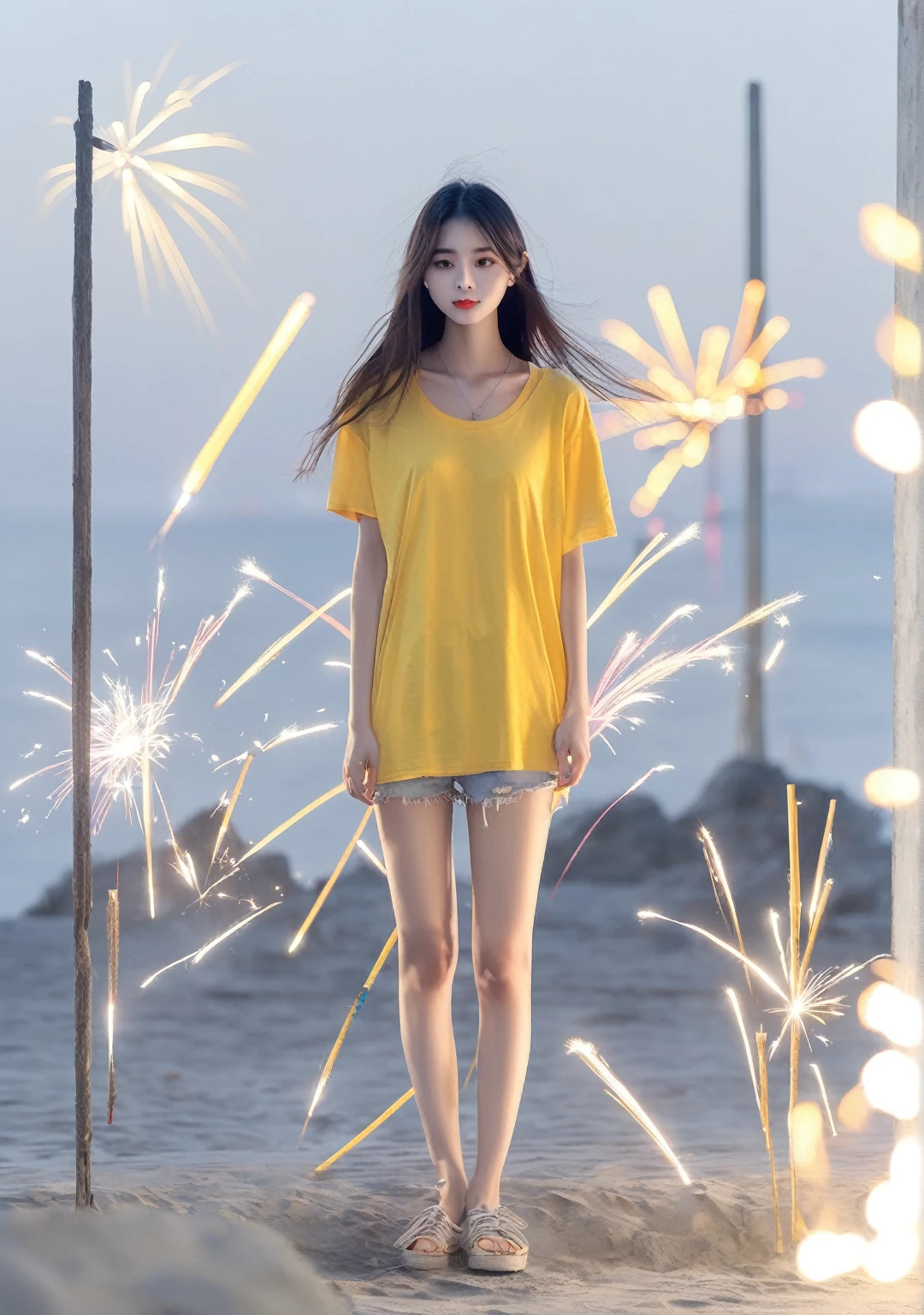 hyundai, night view, night, The Dark Sea, backlight, artificial background, cement ground, fireworks sticks, Prompt young woman, standing posture, whole body, long straight hair, skinny body type, Loose yellow t-shirt, fireworks sticks을 든 손, bare legs, Barefoot,