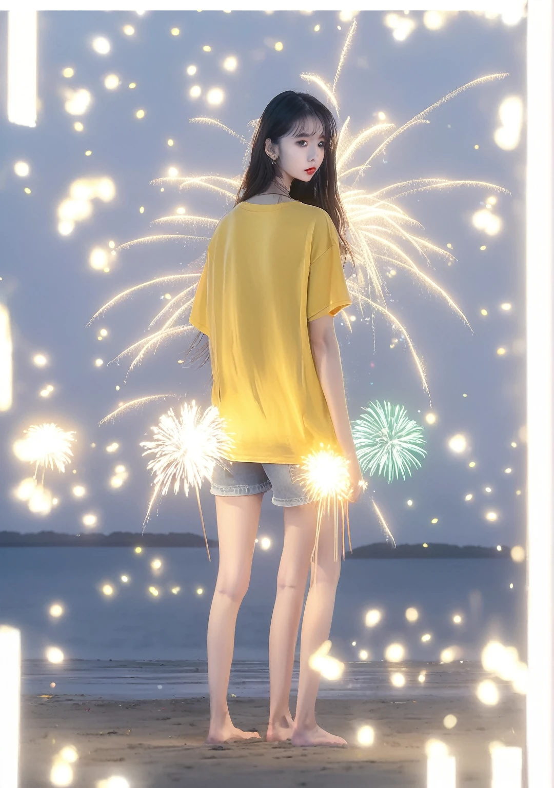 hyundai, night view, night, The Dark Sea, backlight, artificial background, cement ground, fireworks sticks, Prompt young woman, standing posture, whole body, long straight hair, skinny body type, Loose yellow t-shirt, fireworks sticks을 든 손, bare legs, Barefoot,