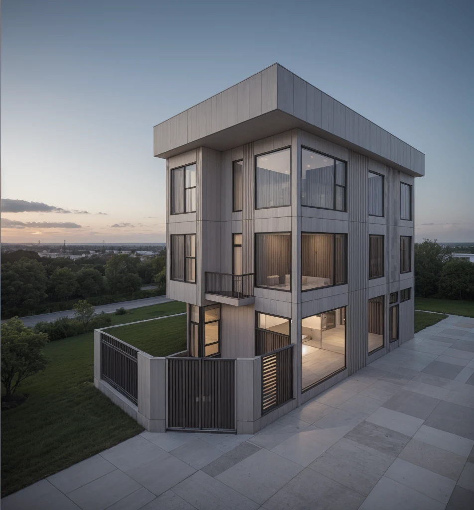 RAW photo, a photo of a modern villa with a car parked in front of it, ((1/2 dark grey wood facade)), architectural shot, gate, road, viet nam modern residence, rough white wall, new residential area, wide angle exterior 2022, contemporary house, exterior photography, masterpiece, contemporary architecture, overcast, indirect lighting