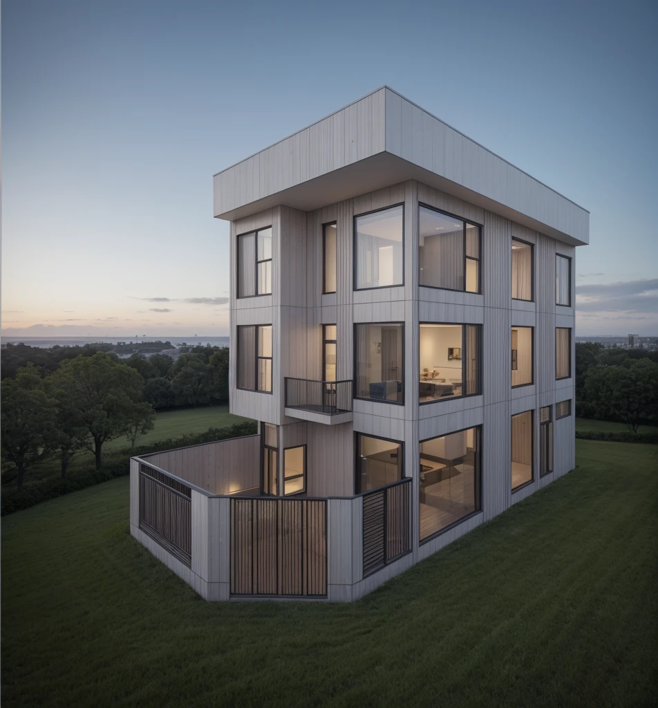 RAW photo, a photo of a modern villa with a car parked in front of it, ((1/2 dark grey wood facade)), architectural shot, gate, road, viet nam modern residence, rough white wall, new residential area, wide angle exterior 2022, contemporary house, exterior photography, masterpiece, contemporary architecture, overcast, indirect lighting