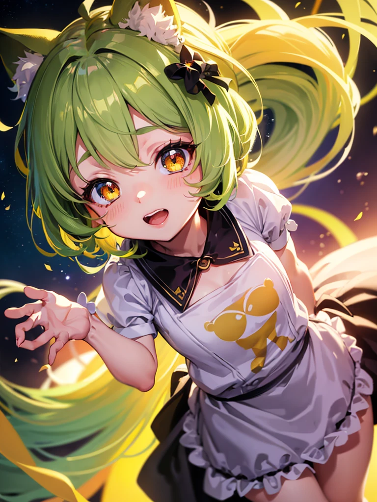 1baby li anime girl, nekomimi, portrait, loli anime girl with short yellow hair wearing maid outfit, yellow hair, (green emelard eyes), close up face, detailed eyes, detailed hair, emotional lovely happy expression, crystal glowing eyes, cinematic lighting, extremely detailed body, face, clothes, (best quality,4k,8k,highres,masterpiece:1.2),ultra HD, masterpiece, very very anime style, bokeh, starry shining lighting, original characters, low angle, 