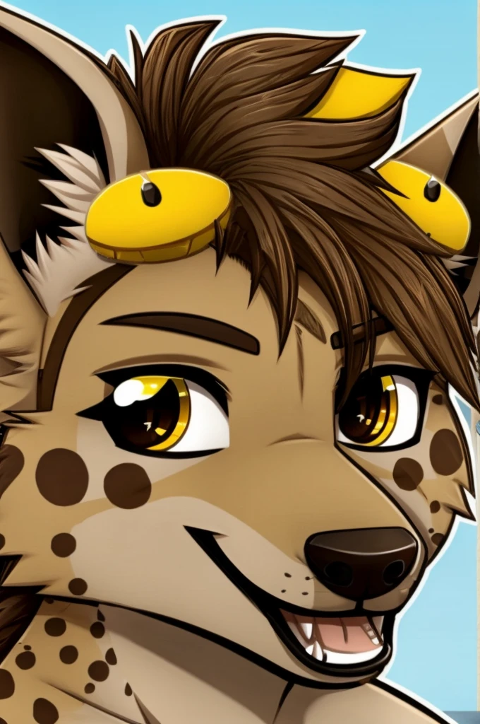 simple sticker art of a happy hyena. yellow sclera, brown hair on head
