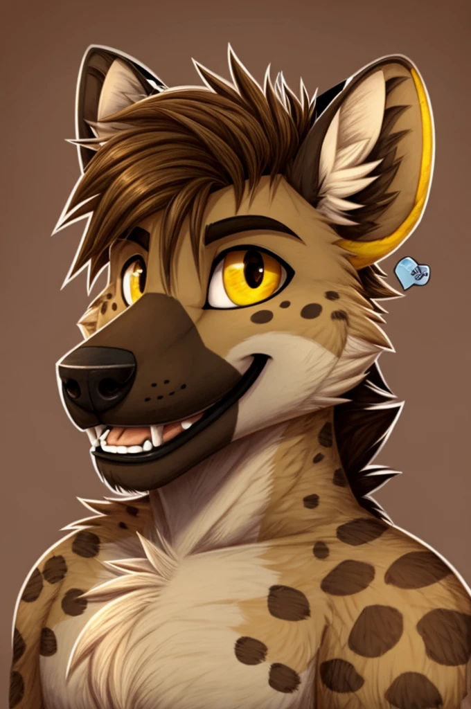 simple sticker art of a happy hyena. yellow sclera, brown hair on head
