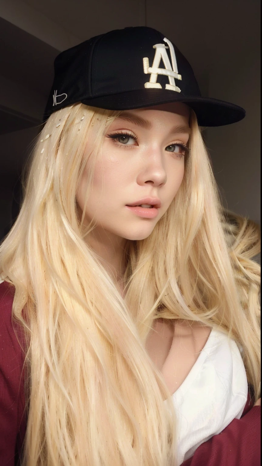 a Close up of a woman with long blonde hair wearing a baseball cap, Cl, ava max, parque roseanne de blackpink, light yellow hair, extremely light blonde hair, with white long hair, with long blonde hair, A girl with blonde hair, long YELLOW hair, medium yellow blonde hair, with long white hair, Asian with long hair, very light blonde hair