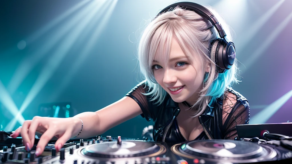 (ultra - detailed, 16K resolution, Cinema lenses, rendering by octane), (high resolution:1.18), intricate detail, (masterpiece:1.1), (highest quality:1.1), (1girl, portrait, white hair, blue eyes, short hair, detailed eyes),Wearing silver DJ headphones, Shiny silver sequined T-shirt, (Iconic hip-hop pop costumes:1.3), Smile while DJing on stage, full body shot of, The spotlight shines on the female DJ. Photorealistic photography by Disco Lighting, (cute round face:1.3), perfect fingers, five fingers, beautiful hands, perfect hands. master peace, cute smile.