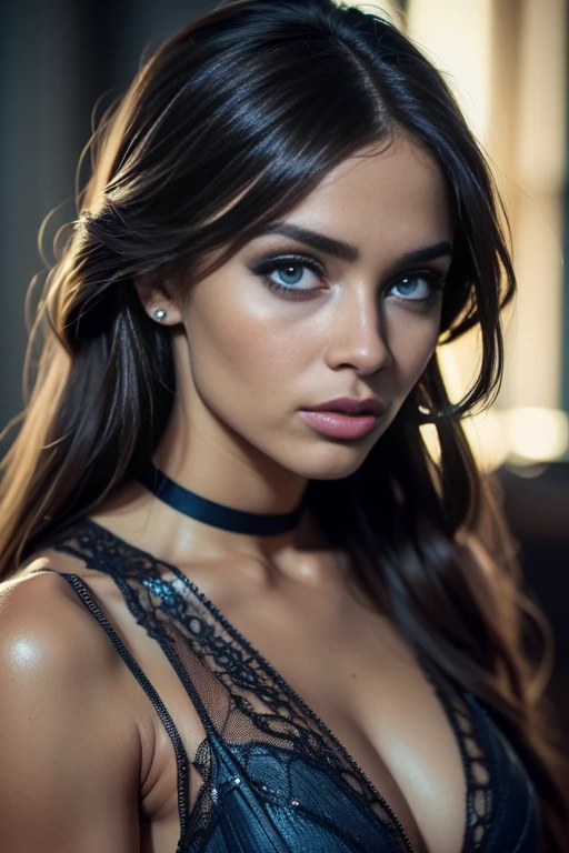 (UHD, retina, masterpiece, accurate, anatomically correct, textured skin, super detail, high details, high quality, best quality, high res, 1080P, HD, 4K, 8k, 16k), (beautiful detailed dark blue eyes, beautiful detailed lips, extremely detailed eyes and face), studio lighting, physically-based rendering, vivid colors, (large sexy breasts), (Kiki de Montparnasse Camille Lace Mini-Slip dress), (portrait, side cut, shiny long hair, swept to one side, shiny skin, blush), (bokeh), eye reflection,, dark atmosphere, highly detailed skin texture, extreme details, perfect breast, dark tanned skin, flush, freckles,, ultra detailed skin texture, soft lights,dark tanned skin