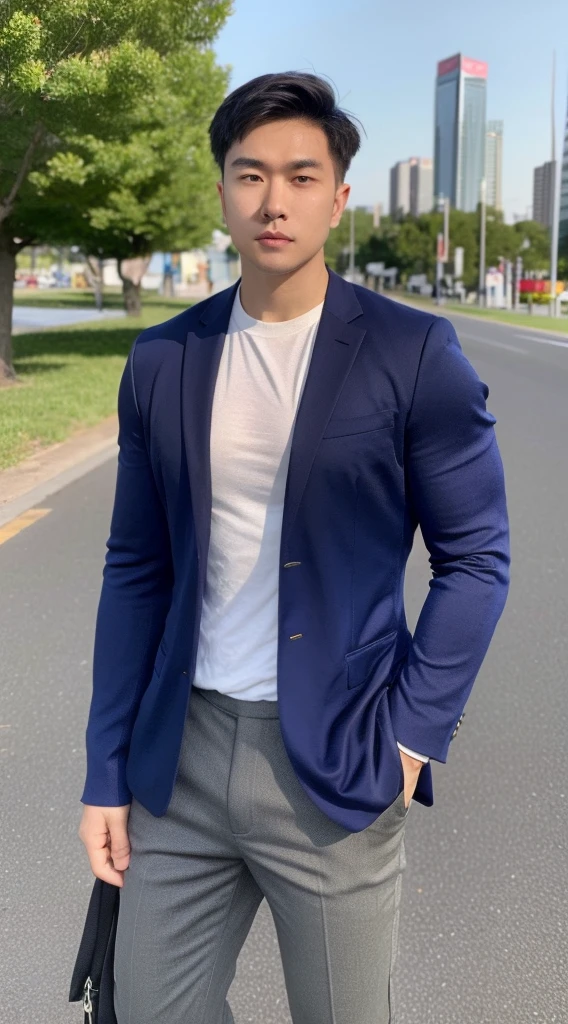 Masterpiece, best quality best, 1 young man, Asian man, East Asian people, one person, The muscles are in good proportion., Posing obscenely, short hair details, sports jacket set , road background, Realistic style,photography,Can be seen from the front, see viewers