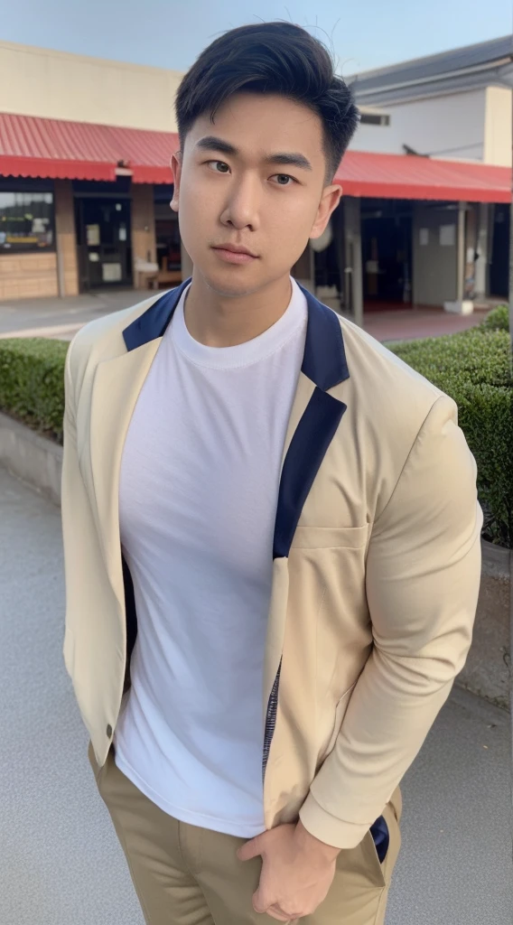Masterpiece, best quality best, 1 young man, Asian man, East Asian people, one person, The muscles are in good proportion., Posing obscenely, short hair details, sports jacket set , road background, Realistic style,photography,Can be seen from the front, see viewers