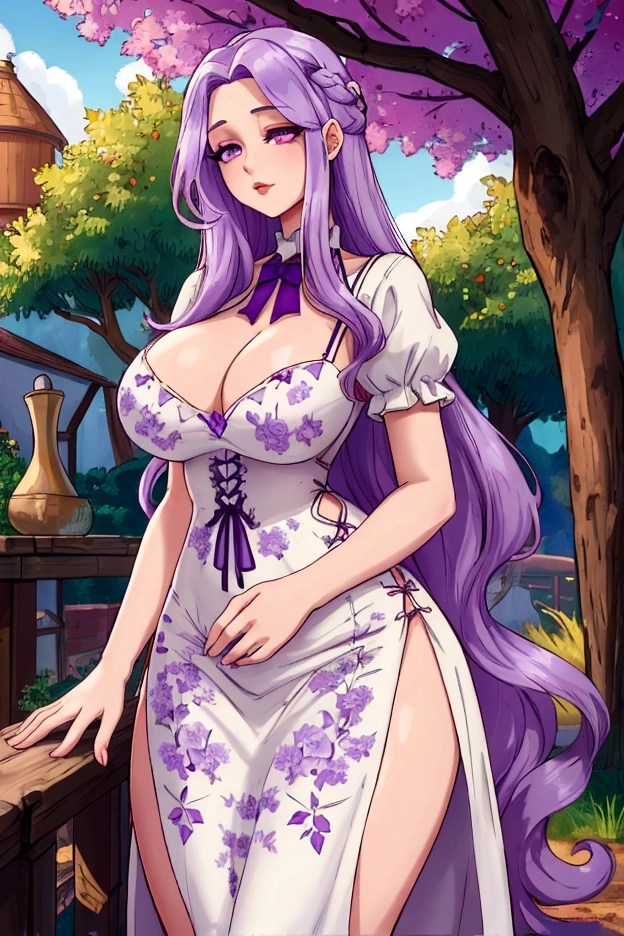 A woman with very long straight light purple hair, light purple slanted eyes, White skin, Big breasts, thin waist, big hips, granary,  vintage floral dress, under a tree, stardew valley style 