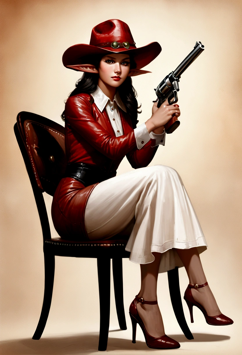 cowboy woman sitting on a chair with a red leather cowboy hat with elf-type ears, realistic anime style, with a cowboy gun in her hands, full body cowboy heels