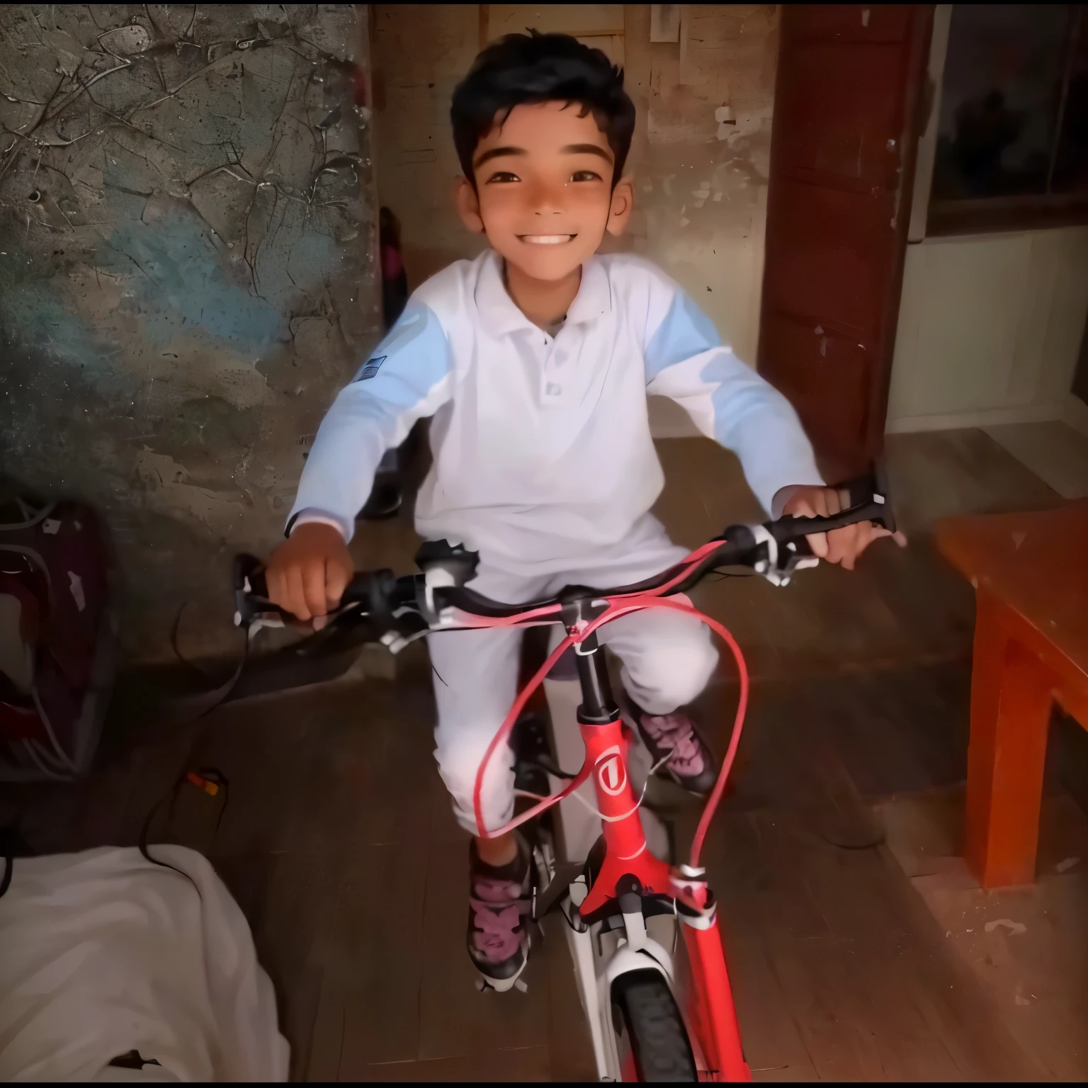 there is a young boy riding a bike in a room, riding a bike, reyyan, very very low quality picture, cycling!!, without helmet, ayan nag, profile pic, riyahd cassiem, a picture, screensaver, fully functional, innocent look, high quality upload, bicycle, with a happy expression, profile picture, thought provoking