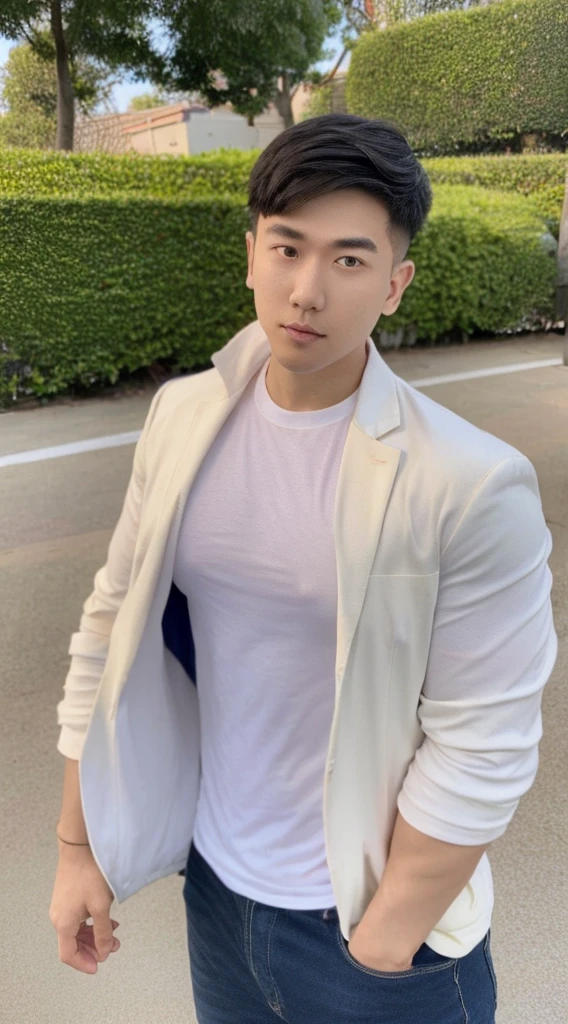 Masterpiece, best quality best, 1 young man, Asian man, East Asian people, one person, The muscles are in good proportion., Posing obscenely, short hair details， sports jacket set , road background, Realistic style，photography，Can be seen from the front, see viewers