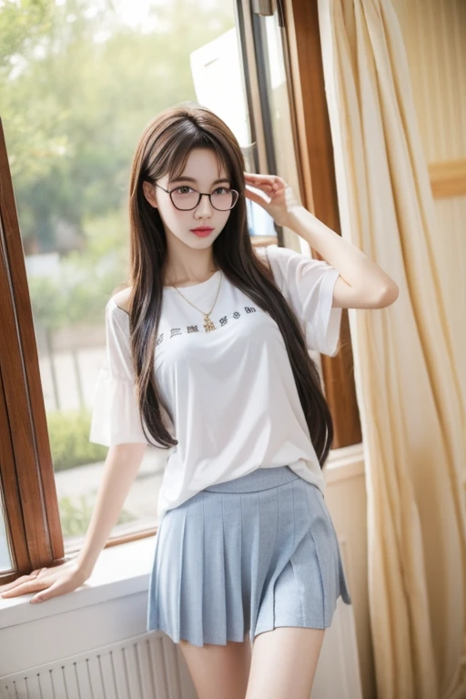 Highest quality、masterpiece、High sensitivity、High resolution、Detailed Description、Slender women、Slim Body、Glasses、Casual clothes、Shyly、Lift up your skirt yourself、