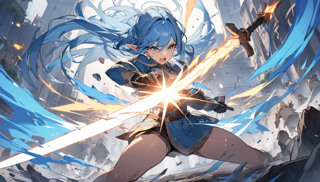(Highest quality), Elf girl attacking with a large sword,Blue Hair,Different world