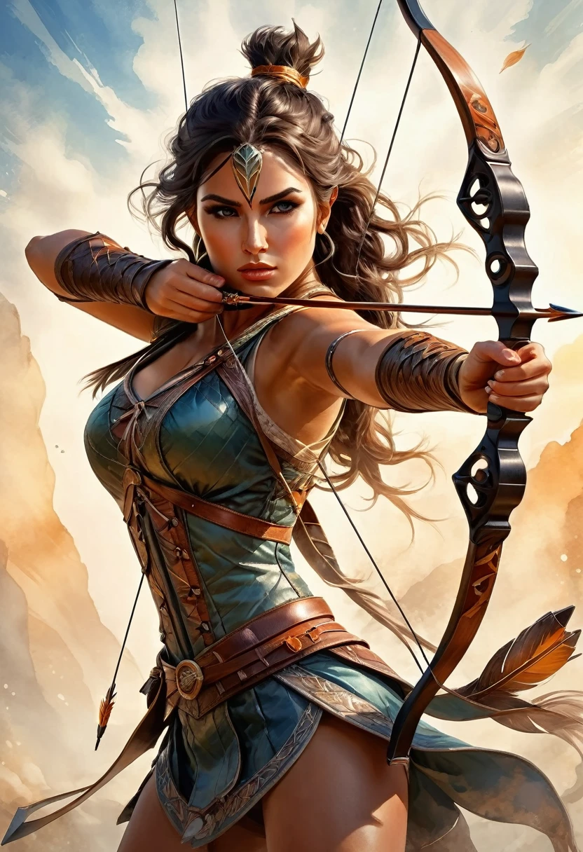 a watercolor illustration of a female archer, (silhouette artwork: 1.3), as the sun rises, fantasy art, ), sunrising behind the archer, ready to act,  ultra feminine, with a long curvy hair, dynamic bow sting drawn to the cheek , arrow ready to be shot, arrow tip glimmers, sunrays, divine rays, high details, best quality, 16k, [ultra detailed], masterpiece, best quality, (extremely detailed), dynamic angle, Aiming a Bow, bow (weapon)