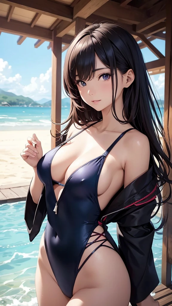 Japanese woman, marvelous, beautiful photorealistic. in a swimsuit