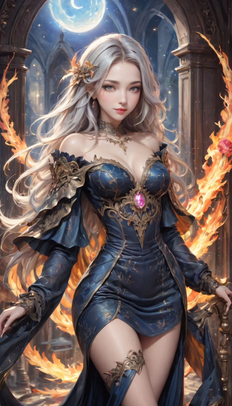 8K resolution, masterpiece, Highest quality, Award-winning works, unrealistic, From above, erotic, sole sexy lady, healthy shaped body, 22 years old, black mage, 165cm tall, huge firm bouncing busts,, white silver long wavy hair, Detailed facial depictions, BREAK, Mysterious blue eyes, Standard nose, Eyeliner, pink lips, sexy long legs, Clear skin, holy knight, Gothic ruffle long dress, A dress with a complex structure, Seven-colored colorful dress, Clothed in flames, royal coat of arms, elegant, Very detailed, Delicate depiction of hair, miniature painting, Digital Painting, art station concept art, Smooth, Sharp focus, shape, art jam、Greg Rutkowski、Alphonse Mucha's、William Adolphe Bouguereau、art:Stephanie Law , Royal Jewel, nature, Symmetric, Greg Rutkowski, Charlie Bowwater, Unreal, surreal, Dynamic Lighting, Fantasy art, Complex colors, Colorful magic circle, flash, dynamic sexy poses, A kind smile, Mysterious Background, Aura, A gentle gaze, BREAK, Small faint lights and flying fireflies, night, lanthanum, From above, looking down on the world below, Starry Sky, milky way, nebula, shooting star、((squat:1.3、M-shaped legs))