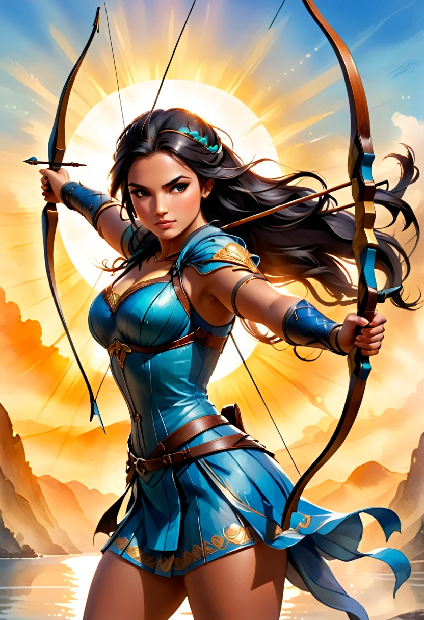 a watercolor illustration of a female archer, silhouette artwork, as the sun rises, fantasy art, ), sunrising behind the archer, ready to act,  ultra feminine, with a long curvy hair, dynamic bow sting drawn to the cheek , arrow ready to be shot, arrow tip glimmers, sunrays, divine rays, high details, best quality, 16k, [ultra detailed], masterpiece, best quality, (extremely detailed), dynamic angle, Aiming a Bow, bow (weapon)