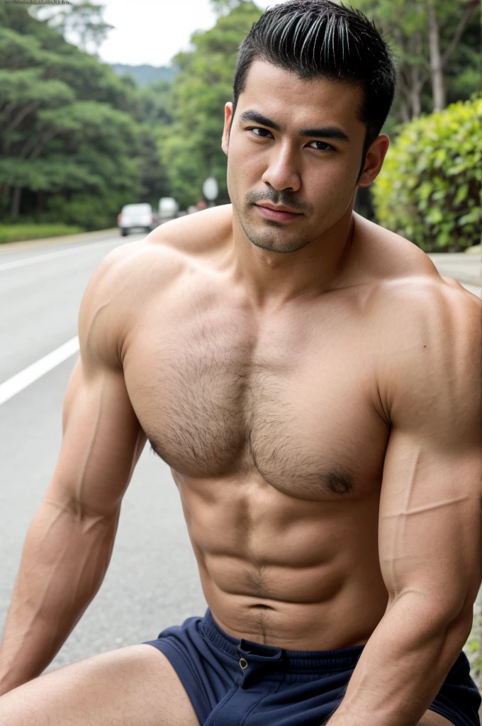 ,Japan,man,He is about 30 years old.,Rough and handsome appearance,Big muscles,large pectoral muscles,polo shirt park,Big waistline,chest hair,sitting on the roadside,Wearing the tongs,buzz cut, angry, sullen, best quality, Masterpiece,Kitchen Background,(Have muscles:4.5),(fat:1.5),(gray hair:1.5 ),(gray body hair:1.5),(skin wrinkles:1.5),(shine on the skin:1.5),