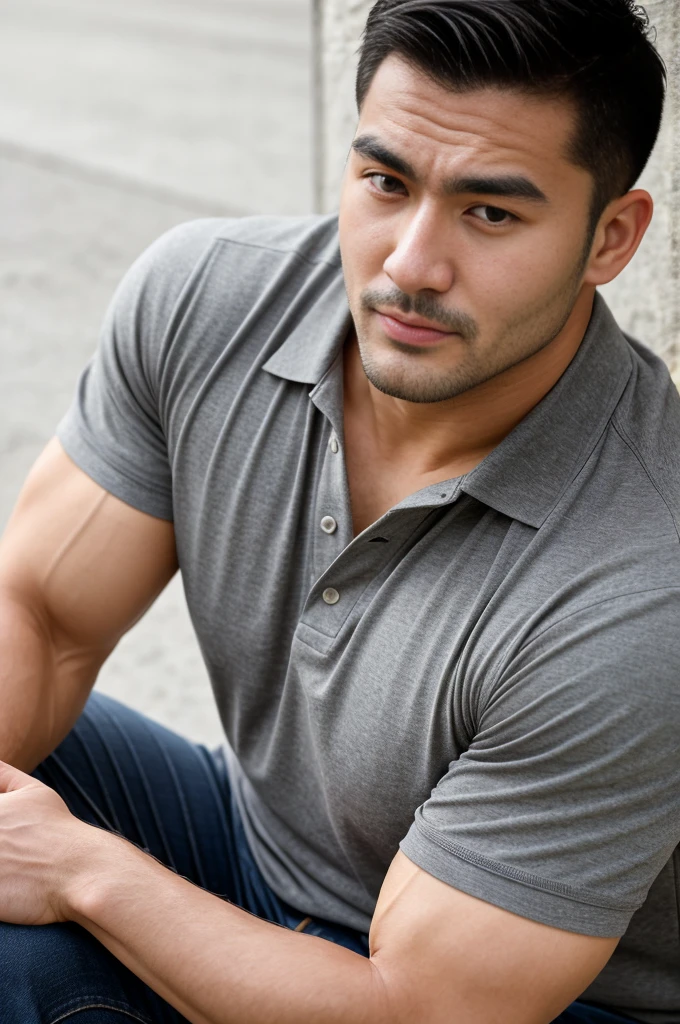 ,Japan,man，He is about 30 years old.，Rough and handsome appearance，Big muscles，large pectoral muscles，polo shirt park，Big waistline，chest hair，sitting on the roadside，Wearing the tongs，buzz cut, angry, sullen, best quality, Masterpiece，Kitchen Background，（Have muscles：4.5），（fat：1.5），（gray hair：1.5 ），（gray body hair：1.5），（skin wrinkles：1.5），（shine on the skin：1.5），