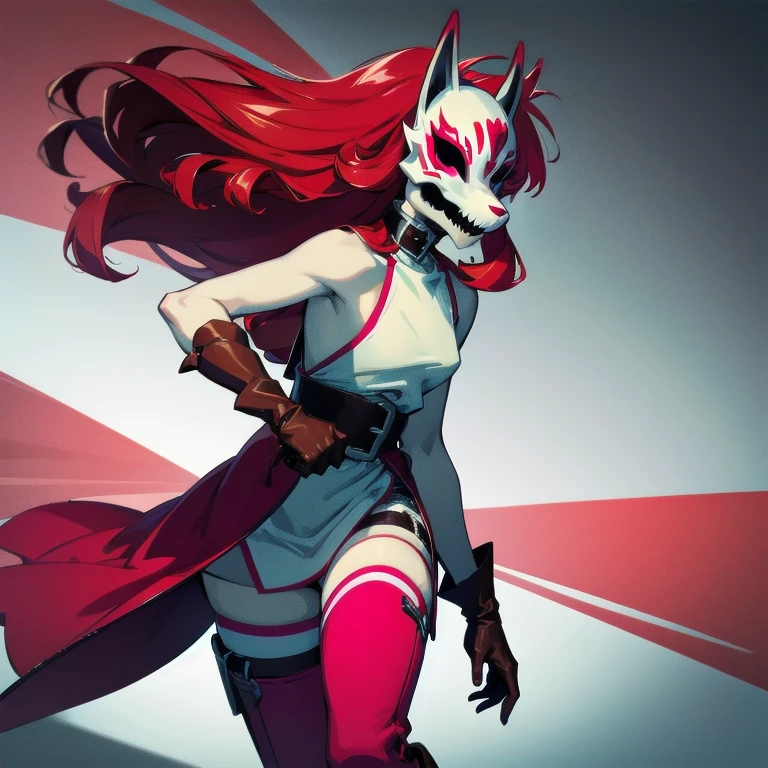 neonred, fox mask, sleeveless, gloves, thighhighs, knee boots, belt, red hair, 1girl, solo, facing viewer, looking at viewer, upper body. 
